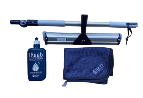 Ha-Ra Window set: 1 x Ha-Ra window wiper 38 cm + Ha-Ra full care 500 ml + 1 x Ha-Ra hammer microfibre dry cloth 50 x 68 cm + 1 x Ha-Ra telescopic rod (from 0.5 m to 1.0 m infinitely adjustable).