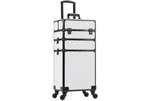 AROUS Rolling Makeup Train Case Large Storage Cosmetic Trolley 3 in 1 Large Capacity Trolley Makeup Travel Case with Key Swivel Wheels Salon Barber Case Traveling Cart Trunk, White