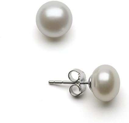 Savannah Pearls 8-8.5mm High Luster Genuine White Button Cultured Freshwater Pearl Stud Earrings