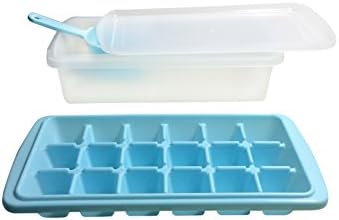 Food Grade PP Refrigerator Chilling Ice Maker/Cube Tray/Mold With No-spill Cover &amp; Scoop - Makes 18 Cubes (Blue)