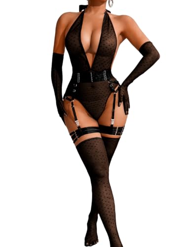 ChiaoLezhee Sheer Mesh Bodysuit, Sexy 5PC Lingerie For Women, Plunge Neck Halter Backless, Garter Belt Thigh High Stockings