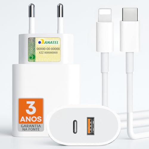 UTBRX Carregador Turbo 40w com Cabo e Fonte Entrada Dupla Carregador Rápido Compatível com iPhone X Xr SE 11 12 13 14, Conexão Lightning USB-C, Bivolt 110/220V - Premium Duo