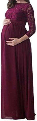 Maternity Dresses Nine Points Sleeve Round Neck Lace Chiffon Hollow Anniversary Party Long Skirt for Photography (Red Wine, L)