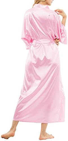 Women's Kimono Robes Solid Color Silk Satin Long Nightgown Sleepwear Pink XXL