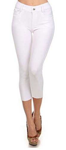 Yelete Women's Basic Solid Color Cotton Blend Capri Jeggings (White, Large)