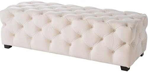 Globe House Products GHP 50.75”x18.75”x15.8” Ivory Velvet Fabric & Birch Hallway Tufted Bench Ottoman
