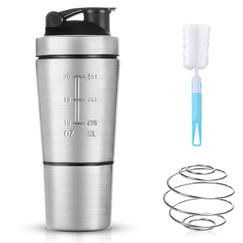 AOOWU Stainless Steel Shaker Bottle 700ml, Leakproof Shaker Bottle with Storage 200ml, Protein Shake Cup with Wire Whisk Ball, Bpa Free Water Bottles for Protein Shakes, Metal Shake Shot Pre Workout at Amazon