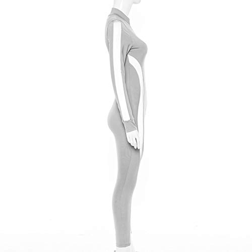 iYBUIA Women Yoga Fitness Motion Workout Reflective Patchwork Long Sleeve Tight Jumpsuit Zipper Slim S-L Gray - Thumbnail 6