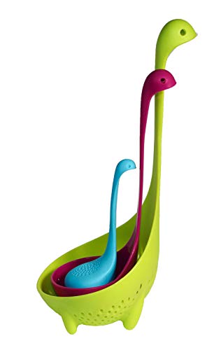 Ingeniuso Loch Ness Ladle Dinosaur Spoon 3 Piece Set | Dino Handle Scoop | Long Neck Monster Strainer Colander | Baby Tea Ball Infuser | Spoons Shaped like Lochness Dinosaurs | Adorable Gift Set 