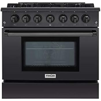 Thor Kitchen 36 Inch Gas Range 6 Burners Cooktop 5.2 cu.ft Oven Black Steel Free-Standing Blue Porcelain Oven Interior HRG3618-BS