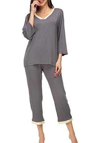 Invug Women 3/4 Long Sleeve Shirt Pants Set Sleepwear V Neck Long Pajamas Loungewear Grey XL