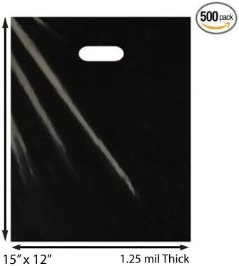 500 Pack 12" x 15" with 1.25 mil Thick Black Merchandise Plastic Glossy Retail Bags | Die Cut Handles | Perfect for Shopping, Party Favors, Birthdays, Children Parties | Color Black | 100% Recyclable
