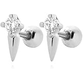 Tiny Punk Spike Cartilage Helix Stud Earrings Hypoallergenic 925 Sterling Silver Dainty CZ Crystal Tragus Daith Screw Ball Back Mini Studs Earring for Women Daughter Cute Birthday Jewelry for Everyday 20G