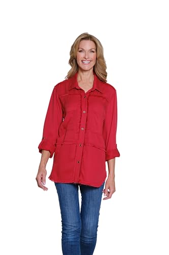 MULTIPLES Womens Clothing | Roll Tab Long Sleeve 2-Pocket Button Front Fringed…