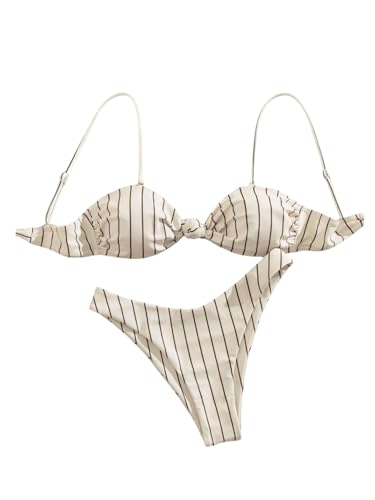 SHENHE Women's Knotted Bandeau High Cut Cheeky Bikini Set Striped Swimwear at Amazon