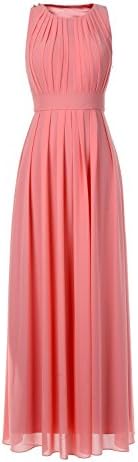 Bridesmaid Dress Chiffon Pleated Scoop Neck Maxi Wedding Bridal Party Dresses (6, Pink)