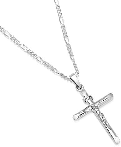Men's Sterling Silver Crucifix Pendant Figaro Chain Necklace Italian Made - 060-2.3mm - 26"