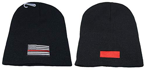 AES USA Red Line Fire Fighter Fire Department Patch Black Embroidered Beanie Hat