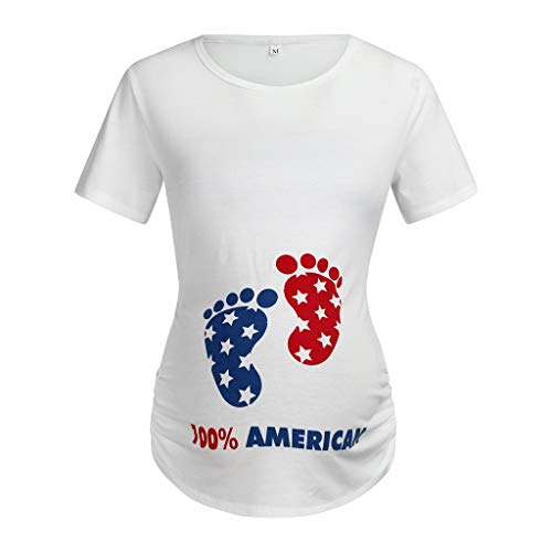 Woman Maternity T-Shirt,Stripe Baby Print Short Sleeve Ruched Side Top, Pregnancy Funny Fashion Style Blouse (White-Footprint, M)