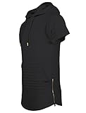 SCREENSHOTBRAND Mens Hip Hop Longline Premium Tee - Pullover Hooded Fashion T-shirt w/ Side Zipper Biker Trimmed Pocket - Black - Xlarge