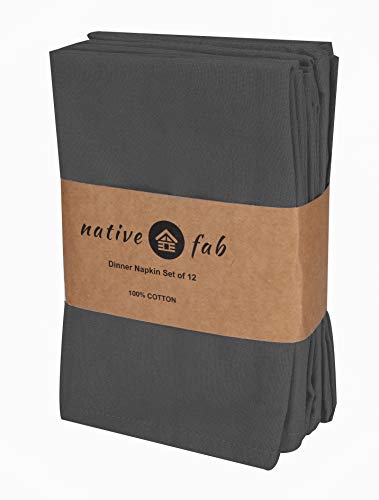 Native Fab Cloth Dinner Napkins Set of 12 Cotton 17x17 Absorbent Soft Restaurant Hotel Quality - Cocktail Napkins, Wedding Dinner Napkins - Everyday Use, Easy Care Washable - Grey