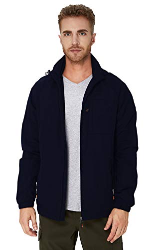RAISEVERN Chaqueta de montañero Resistente al agua A prueba de viento Azul marino Abrigos Abrigos Casual Ajustable Multi bolsillos Chaqueta con capucha para exteriores para hombres jóvenes L