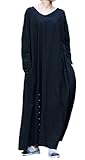 Soojun Women's Pure Cotton V Collar Maxi Dresses with Bawting Sleeve, Black Long Sleeve