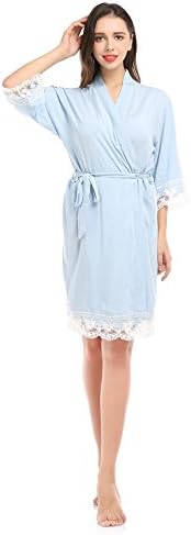 YueQiW Women's Soft Cotton Robe For Bride And Bridemaid With Floral Lace Nightwear(Large,Light-bule)