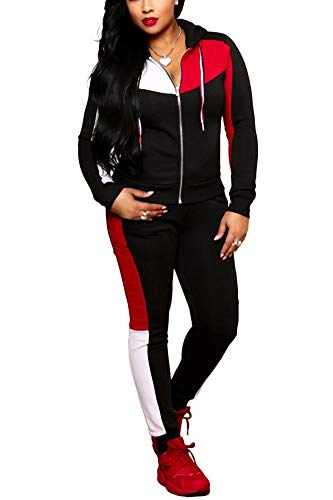 Deloreva Women Two Piece Outfits - Long Sleeve Zip Up Jacket Jogging Suit Pant Set Activewear Jumpsuit Black S