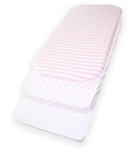 NODNAL CO. Pink Bassinet Fitted Sheet Set 3 Pack 100% Jersey Cotton for Baby Girl - Chevron, Polka Dot and Stripe 160 GSM Sheets