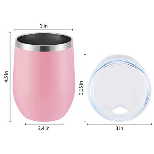 DOMICARE Insulated Wine Tumbler with Lid (2 Pack, Pink) - 12 OZ Stemless Double Wall Vacuum Traval Mug - Keeping Cold & Hot for Wine, Coffee, Cocktails, Drinks