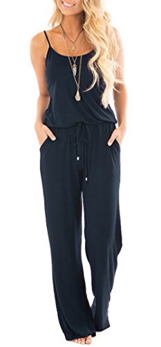 NuoReel Women Casual Sleeveless Loose Wide Legs Jumpsuit Halter Waist Tie Stretchy Rompers Pants With Side PocketsÂ£Â¨Navy MeduimÂ£