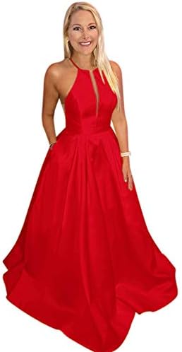 Harsuccting Women's Long Evening Dresses Halter Satin Prom Dresses with Pockets