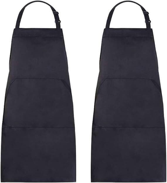 Khoji & Meeni Aprons with 2 Pockets Unisex Aprons for Home Kitchen, Restaurant, Coffee House - Adjustable Neck Strap, Long Side Straps, Thick Twill Cotton Blend (BLACK)