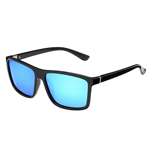 NIEEPA Men's Driving Sports Polarized Sunglasses Square Wayfarer Plastic Frame Glasses (Blue Silver Lens/Bright Black Frame)