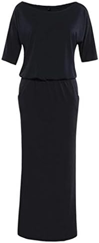 CHIGANT Women Oblique Collar Side Split Medium Sleeve Maxi Dress Casual Off Shoulders Solid Loose Dress
