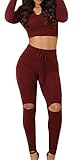 Jiujiuyi Women's Long Sleeve Hoody Crop Top and Ripped Pant Suit