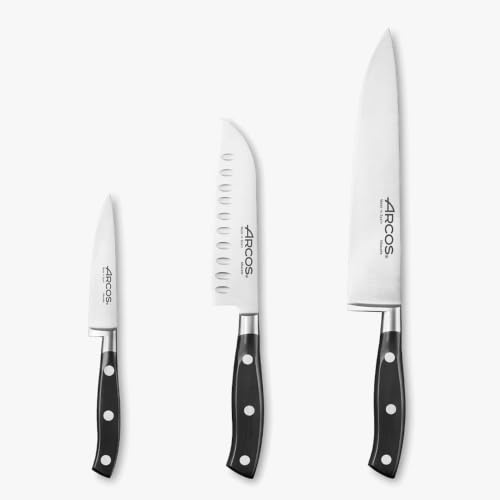 Arcos Messer-Set 3-teilig aus Nitrum Edelstahl - Geschmiedete Klingen, Ergonomischer Griff aus Polyoxymethylen, Duenne Klinge mit Wellenschliff - Schwarz, Serie Riviera
