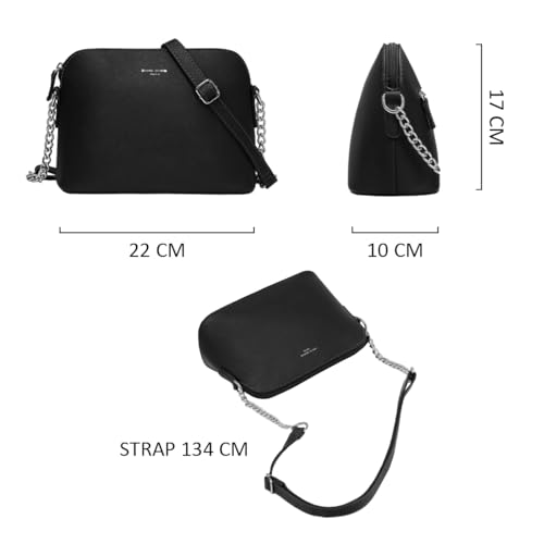 David Jones - Small Shoulder Bag for Women Chain – PU Leather Messenger Crossbody Bag – Clutch Bag Evening Clutch Bag Fashion – Shopping Travel Bag – Black