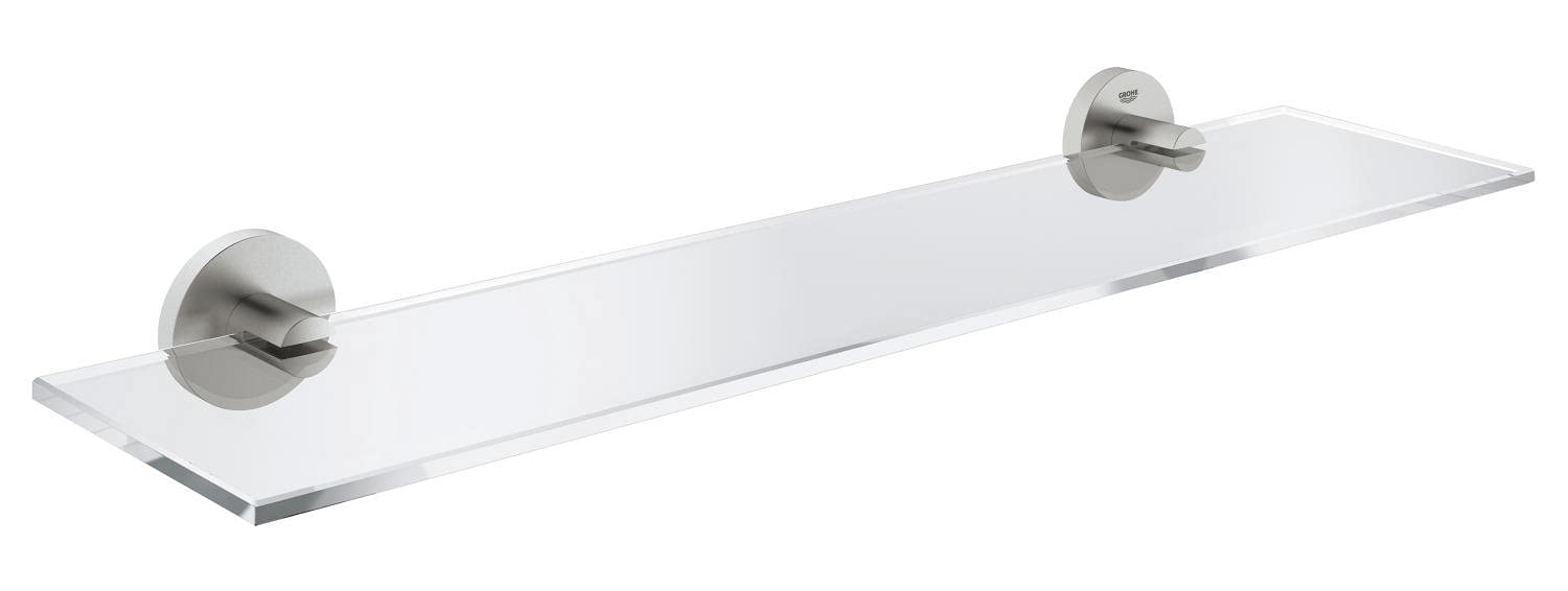 GROHE Start QuickFix Glass Shelf with Stainless Steel Holders (Metal and Glass, Concealed Fastening, Including Screws and Dowels, Extra Easy to Fit QuickGlue), Size 530 mm, 41202DC0