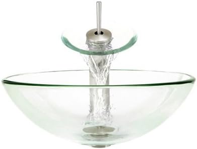 Aurora Sinks G01-Island-BN-G Bathroom Ensemble with Grid Drain, Island Glass Vessel, Sink, Ring and Waterfall Faucet, Brushed Nickel