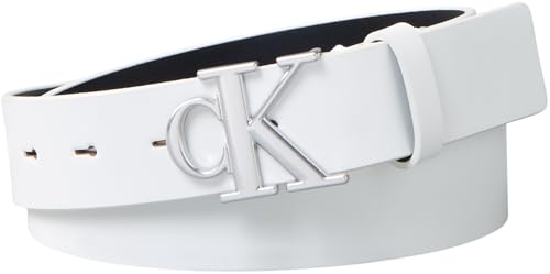 Calvin Klein Damen Guertel Monogram Plaque Buckle 3,0 cm Lederguertel, Weiss (Lily White), 100 cm