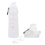 Collapsible Silicone 20oz Water Bottle (Set of 2) - Reusable Foldable Leak Proof Sports Canteen Camping Hiking Cycling Yoga Crossfit Air Travel - EXTRA LIDs Included (Clear, 20oz)