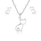 Hollow Cat Studs Earrings Necklace Mini Ear Crawler Climbers Cute Open Little Cat Pet Dangle Tiny Kitten Pendant Collarbone Necklace Charms Jewelry Necklace Set