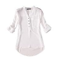 Fabal Female V Neck Loose Chiffon Blouse Skirt Women Long Sleeve Office Blosues Tops (M, White)