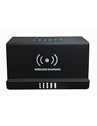 LESON Bluetooth portátil V4.2 Altavoz de 10 vatios con cargador de carga inalámbrico Qi Soporte para base, sonido estéreo de alta calidad y base profunda, 20 horas de reproducción, doble controlador, micrófono incorporado para llamadas manos libres