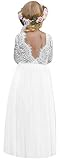 2Bunnies Girl Peony Lace Back A-Line Straight Tutu Tulle Party Flower Girl Dresses (White 3/4 Sleeve Maxi, 7/8)