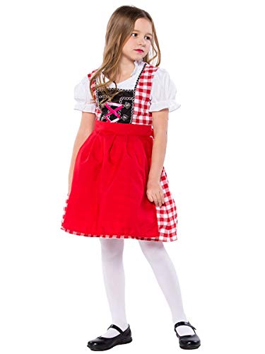MYRISAM Girls Bavarian Oktoberfest Costumes Dirndl Dress with Apron Beer Maid Fancy Dress Carnival Halloween Costume Red 8-9T - Thumbnail 3