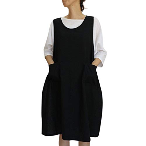 KESEELY Women Cotton Loose Dress Plus Size Solid Color Tunic Dress 2019 Apron with Pockets Dress Black - Thumbnail 7