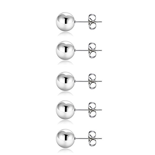Bead Ball Stud Earrings Set 5 Pairs in 316L Stainless Steel for Women & Men Earring Piercing(4mm)